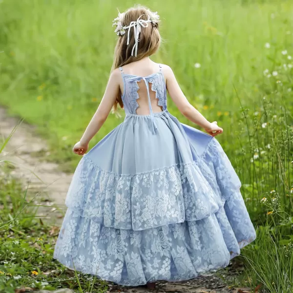 Lace Boho Flower Girl Dress Backless Bridesmaid Formal Tulle Party Little Girls Birthday Dresses HolidayLight Blue