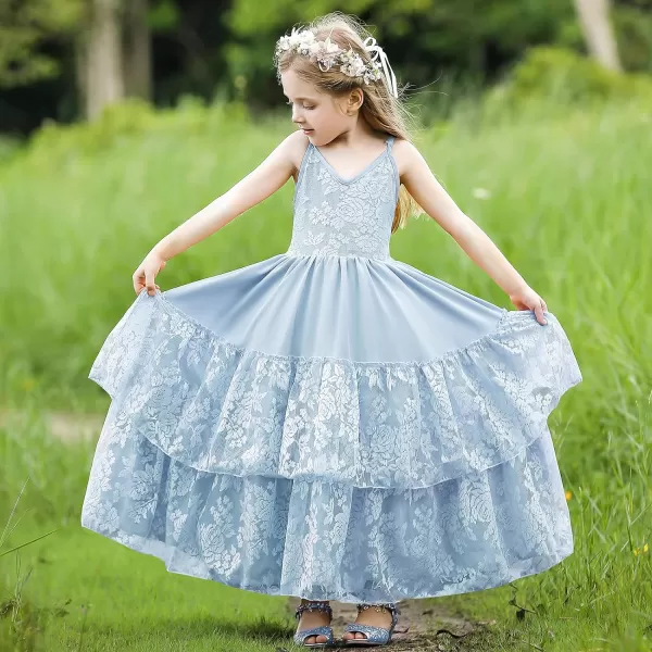 Lace Boho Flower Girl Dress Backless Bridesmaid Formal Tulle Party Little Girls Birthday Dresses HolidayLight Blue