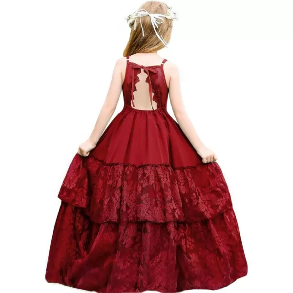 Lace Boho Flower Girl Dress Backless Bridesmaid Formal Tulle Party Little Girls Birthday Dresses HolidayBurgundy