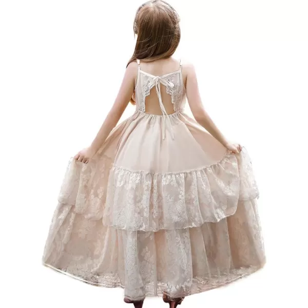 Lace Boho Flower Girl Dress Backless Bridesmaid Formal Tulle Party Little Girls Birthday Dresses HolidayChampagne