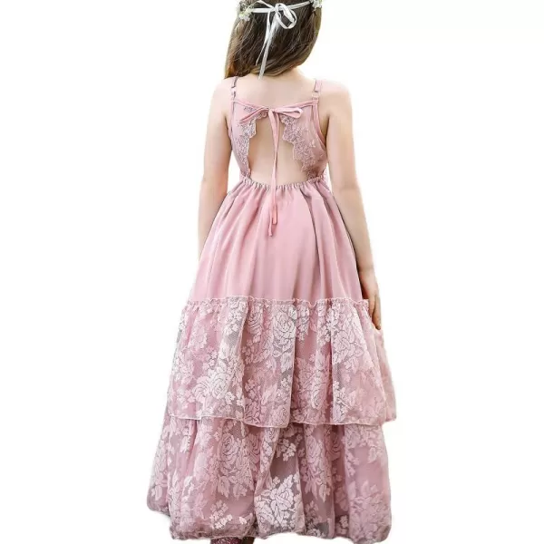 Lace Boho Flower Girl Dress Backless Bridesmaid Formal Tulle Party Little Girls Birthday Dresses HolidayDusty Pink