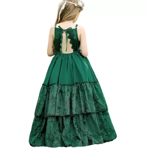 Lace Boho Flower Girl Dress Backless Bridesmaid Formal Tulle Party Little Girls Birthday Dresses HolidayGreen