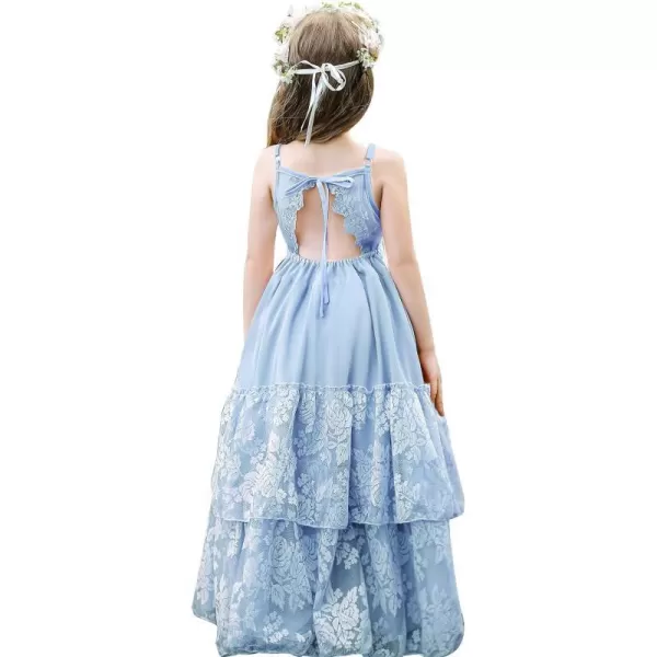 Lace Boho Flower Girl Dress Backless Bridesmaid Formal Tulle Party Little Girls Birthday Dresses HolidayLight Blue