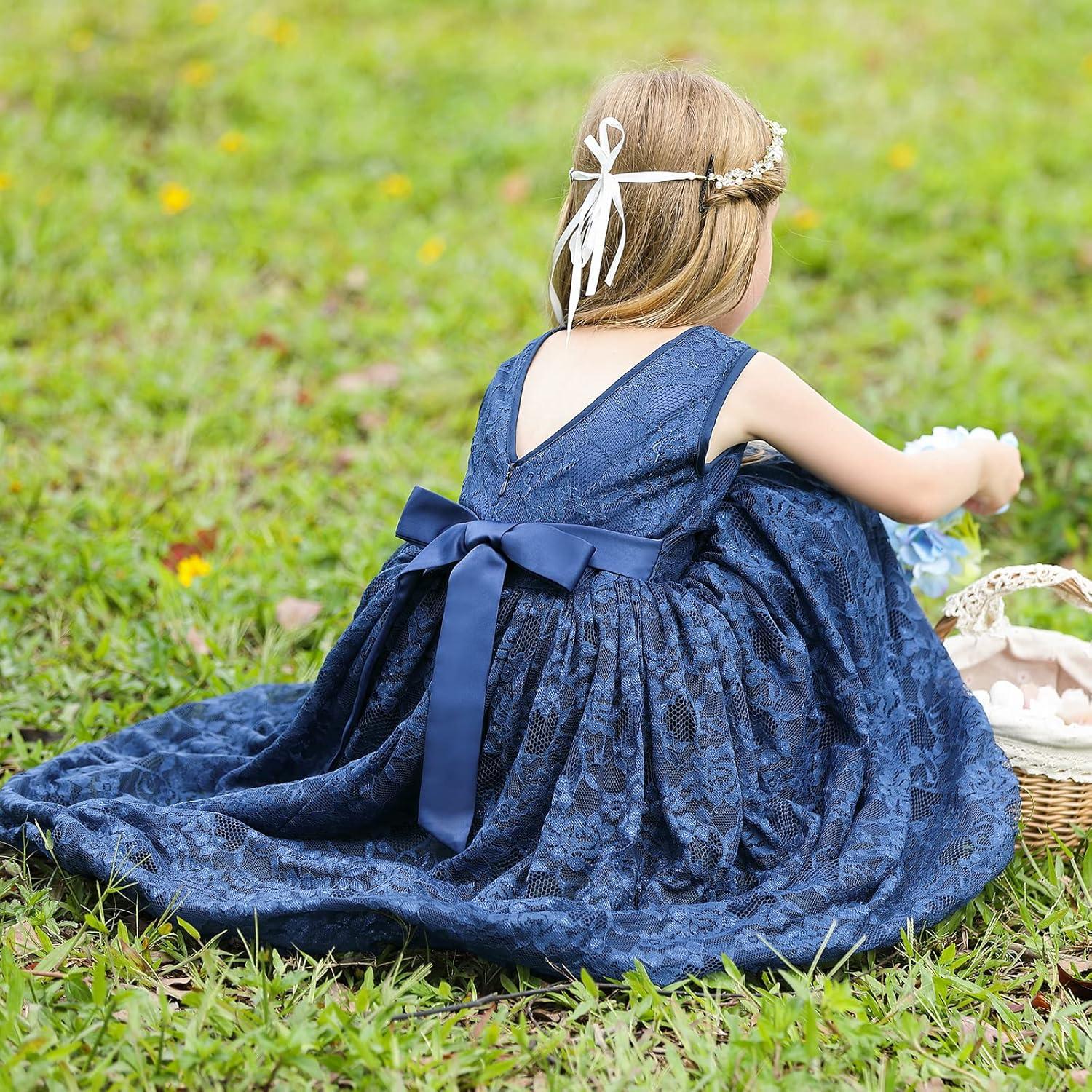 imageDoragirl Flower Girls Dress Princess with Lace Sleeves for Wedding Party Lace Bridesmaid Dresses Formal Pegeant Dance Gown