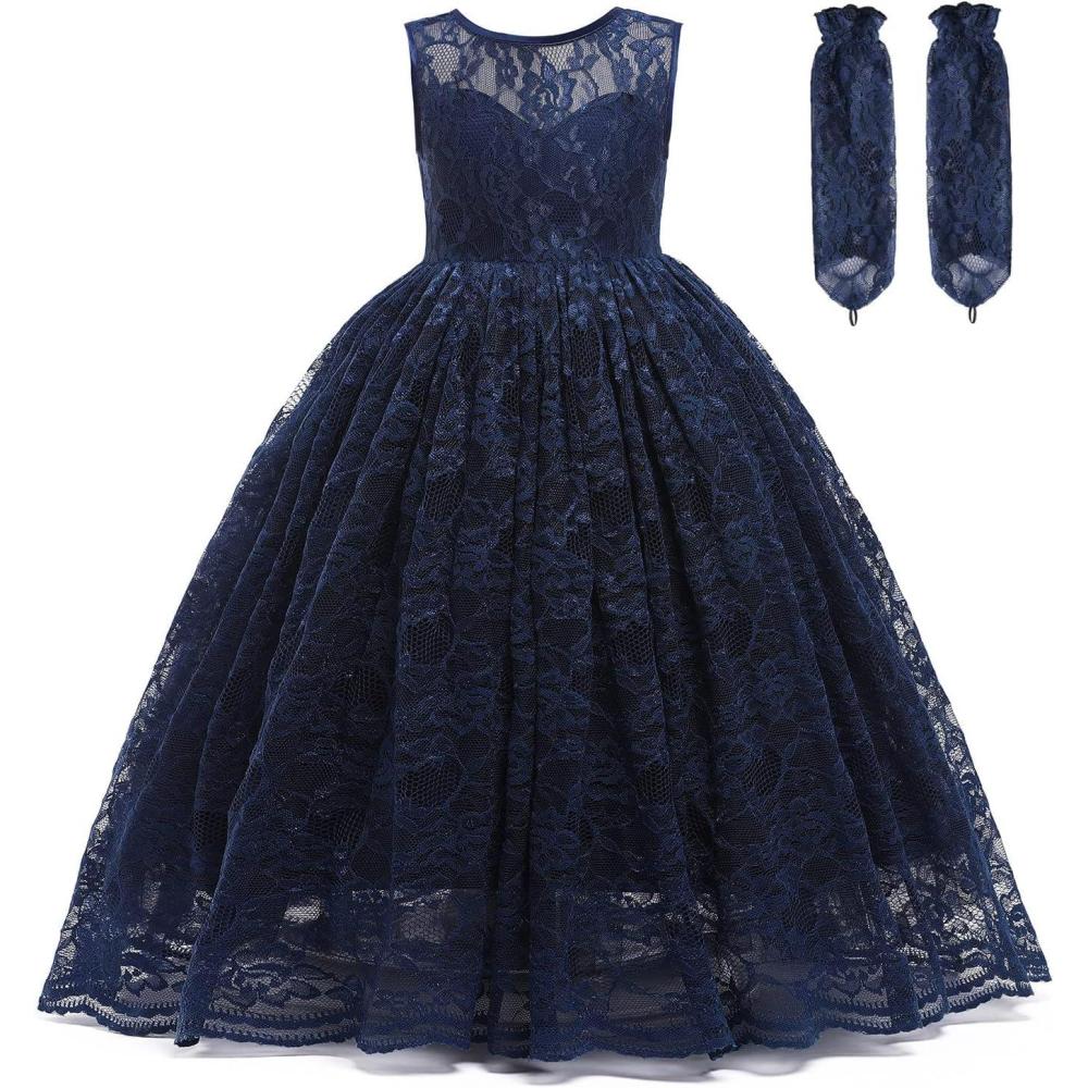 imageDoragirl Flower Girls Dress Princess with Lace Sleeves for Wedding Party Lace Bridesmaid Dresses Formal Pegeant Dance Gown