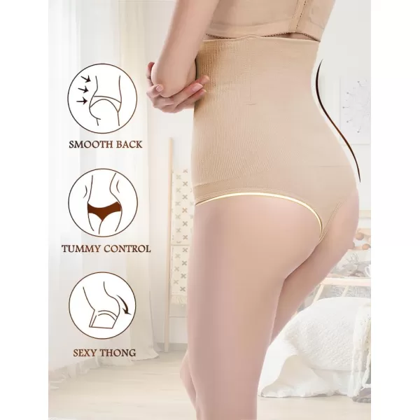 BELONGSCI High Waist Tummy Control Thong Shapewear for Women Body Shaper Underwear Seamless Panties Girdle Adjustable StrapsC2 Beige