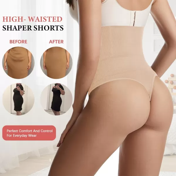 BELONGSCI High Waist Tummy Control Thong Shapewear for Women Body Shaper Underwear Seamless Panties Girdle Adjustable StrapsC2 Beige