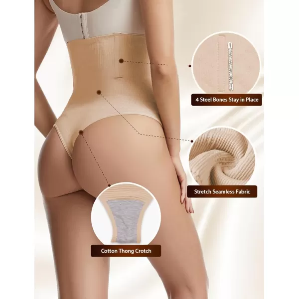 BELONGSCI High Waist Tummy Control Thong Shapewear for Women Body Shaper Underwear Seamless Panties Girdle Adjustable StrapsC2 Beige