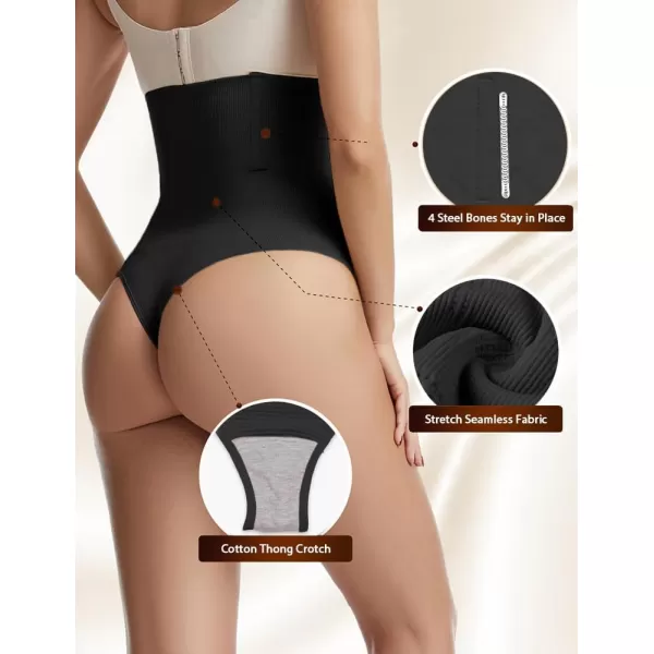 BELONGSCI High Waist Tummy Control Thong Shapewear for Women Body Shaper Underwear Seamless Panties Girdle Adjustable StrapsC2 Black