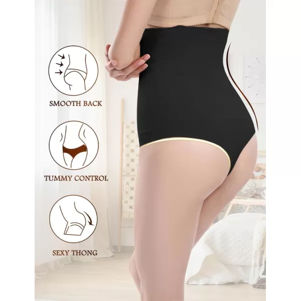 BELONGSCI High Waist Tummy Control Thong Shapewear for Women Body Shaper Underwear Seamless Panties Girdle Adjustable StrapsC2 Black