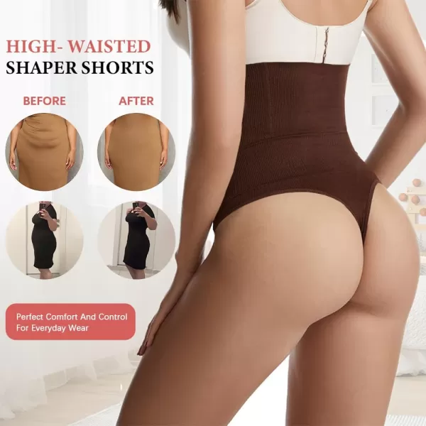 BELONGSCI High Waist Tummy Control Thong Shapewear for Women Body Shaper Underwear Seamless Panties Girdle Adjustable StrapsC2 Coffee