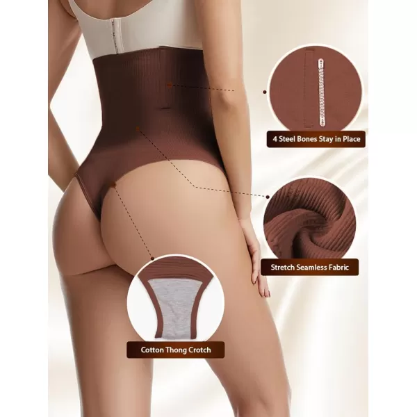 BELONGSCI High Waist Tummy Control Thong Shapewear for Women Body Shaper Underwear Seamless Panties Girdle Adjustable StrapsC2 Coffee