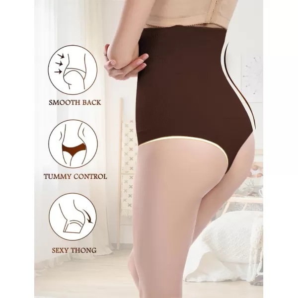 BELONGSCI High Waist Tummy Control Thong Shapewear for Women Body Shaper Underwear Seamless Panties Girdle Adjustable StrapsC2 Coffee