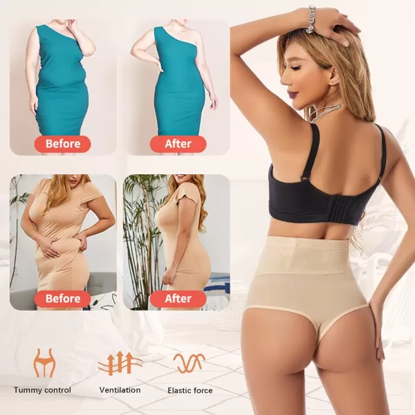 BELONGSCI Tummy Control Thong Shapewear for Women Body Shaper Underwear Seamless Shaping Thong Thigh Slimming TechnologyG Beigebeige 2 Pack