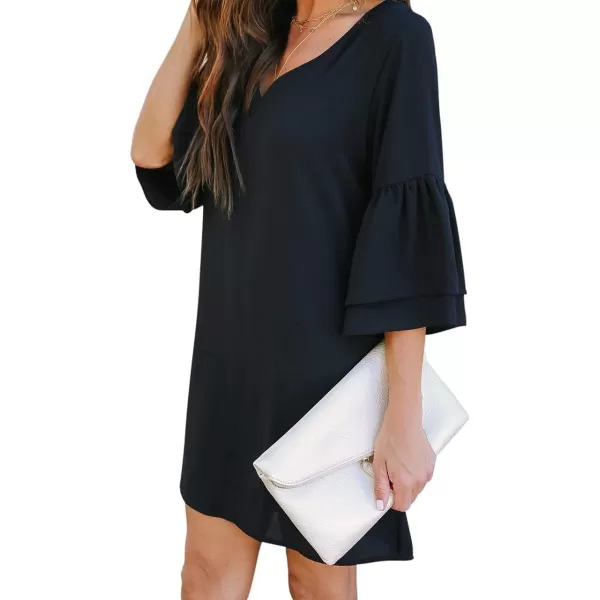 BELONGSCI Womens 2023 Summer Dress Sweet amp Cute VNeck Bell Sleeve Shift Dress Mini Dress Perfect for Wedding or GraduationBlack