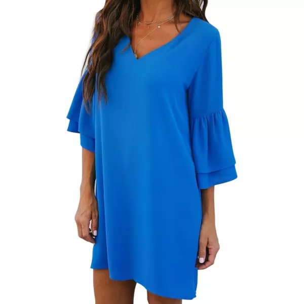 BELONGSCI Womens 2023 Summer Dress Sweet amp Cute VNeck Bell Sleeve Shift Dress Mini Dress Perfect for Wedding or GraduationBlue