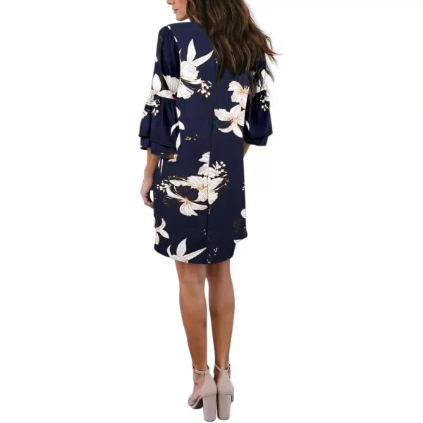 BELONGSCI Womens 2023 Summer Dress Sweet amp Cute VNeck Bell Sleeve Shift Dress Mini Dress Perfect for Wedding or GraduationBlue Floral