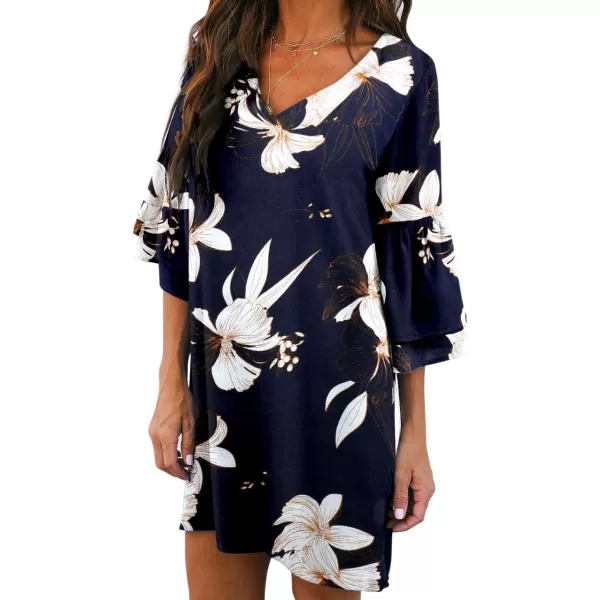 BELONGSCI Womens 2023 Summer Dress Sweet amp Cute VNeck Bell Sleeve Shift Dress Mini Dress Perfect for Wedding or GraduationBlue Floral