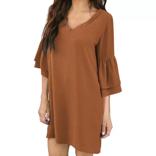 BELONGSCI Womens 2023 Summer Dress Sweet amp Cute VNeck Bell Sleeve Shift Dress Mini Dress Perfect for Wedding or GraduationChocolate