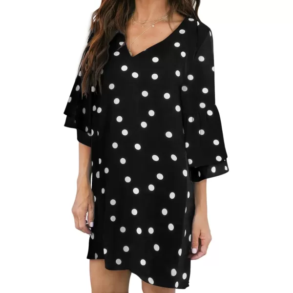 BELONGSCI Womens 2023 Summer Dress Sweet amp Cute VNeck Bell Sleeve Shift Dress Mini Dress Perfect for Wedding or GraduationE2 Black Polka Dots3