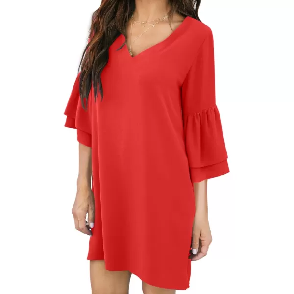 BELONGSCI Womens 2023 Summer Dress Sweet amp Cute VNeck Bell Sleeve Shift Dress Mini Dress Perfect for Wedding or GraduationE2 Red