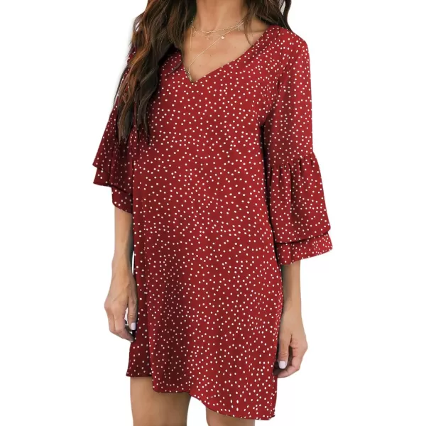 BELONGSCI Womens 2023 Summer Dress Sweet amp Cute VNeck Bell Sleeve Shift Dress Mini Dress Perfect for Wedding or GraduationE2 Wine Red Polka Dots16