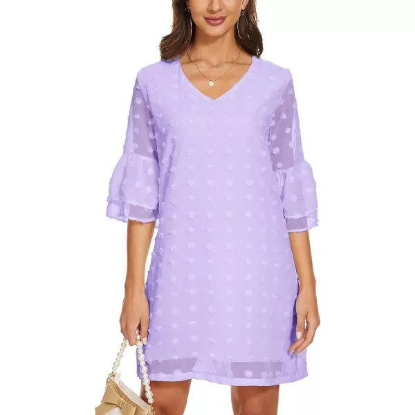 BELONGSCI Womens 2023 Summer Dress Sweet amp Cute VNeck Bell Sleeve Shift Dress Mini Dress Perfect for Wedding or GraduationF Lilac Purple