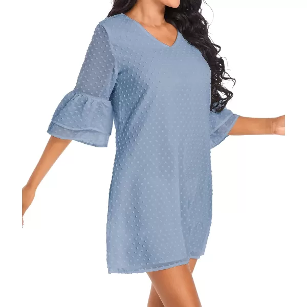 BELONGSCI Womens 2023 Summer Dress Sweet amp Cute VNeck Bell Sleeve Shift Dress Mini Dress Perfect for Wedding or GraduationF Stone Blue510