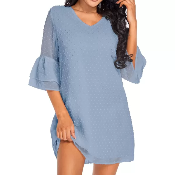 BELONGSCI Womens 2023 Summer Dress Sweet amp Cute VNeck Bell Sleeve Shift Dress Mini Dress Perfect for Wedding or GraduationF Stone Blue510