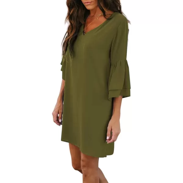 BELONGSCI Womens 2023 Summer Dress Sweet amp Cute VNeck Bell Sleeve Shift Dress Mini Dress Perfect for Wedding or GraduationGreen