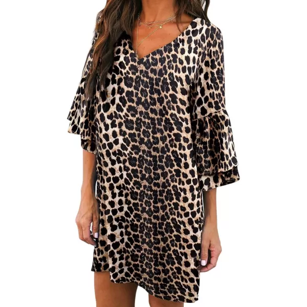 BELONGSCI Womens 2023 Summer Dress Sweet amp Cute VNeck Bell Sleeve Shift Dress Mini Dress Perfect for Wedding or GraduationLeopard Print