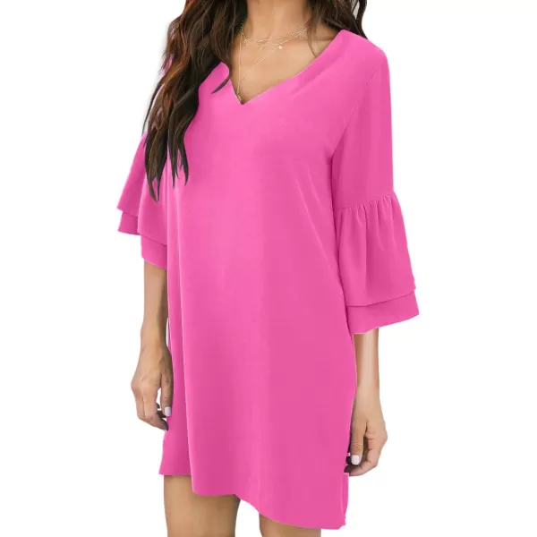 BELONGSCI Womens 2023 Summer Dress Sweet amp Cute VNeck Bell Sleeve Shift Dress Mini Dress Perfect for Wedding or GraduationMagenta