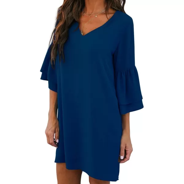 BELONGSCI Womens 2023 Summer Dress Sweet amp Cute VNeck Bell Sleeve Shift Dress Mini Dress Perfect for Wedding or GraduationNavy