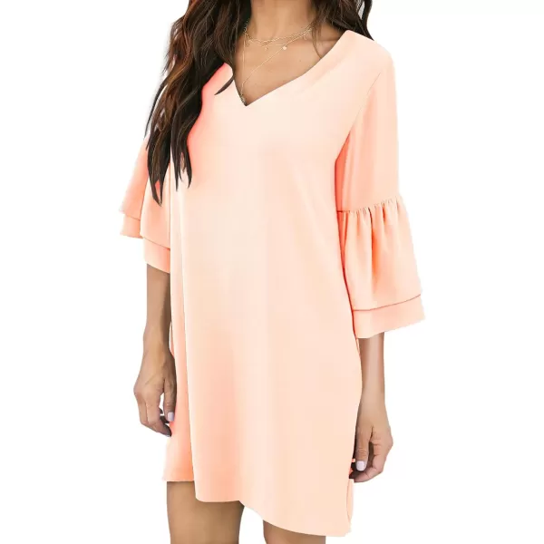 BELONGSCI Womens 2023 Summer Dress Sweet amp Cute VNeck Bell Sleeve Shift Dress Mini Dress Perfect for Wedding or GraduationPeach