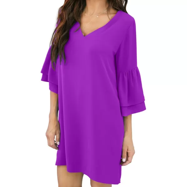 BELONGSCI Womens 2023 Summer Dress Sweet amp Cute VNeck Bell Sleeve Shift Dress Mini Dress Perfect for Wedding or GraduationPurple