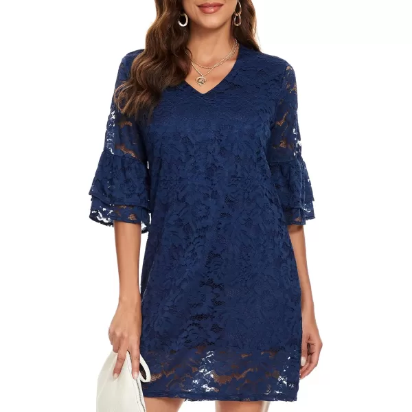 BELONGSCI Womens 2023 Summer Dress Sweet amp Cute VNeck Bell Sleeve Shift Dress Mini Dress Perfect for Wedding or GraduationR Navy Blue