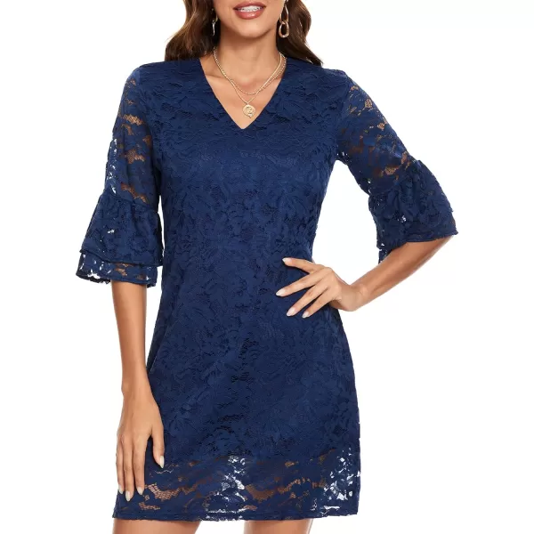 BELONGSCI Womens 2023 Summer Dress Sweet amp Cute VNeck Bell Sleeve Shift Dress Mini Dress Perfect for Wedding or GraduationR Navy Blue