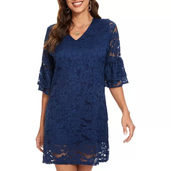 BELONGSCI Womens 2023 Summer Dress Sweet amp Cute VNeck Bell Sleeve Shift Dress Mini Dress Perfect for Wedding or GraduationR Navy Blue