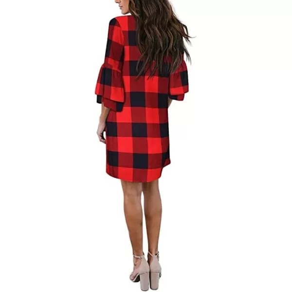 BELONGSCI Womens 2023 Summer Dress Sweet amp Cute VNeck Bell Sleeve Shift Dress Mini Dress Perfect for Wedding or GraduationRed Big Plaid