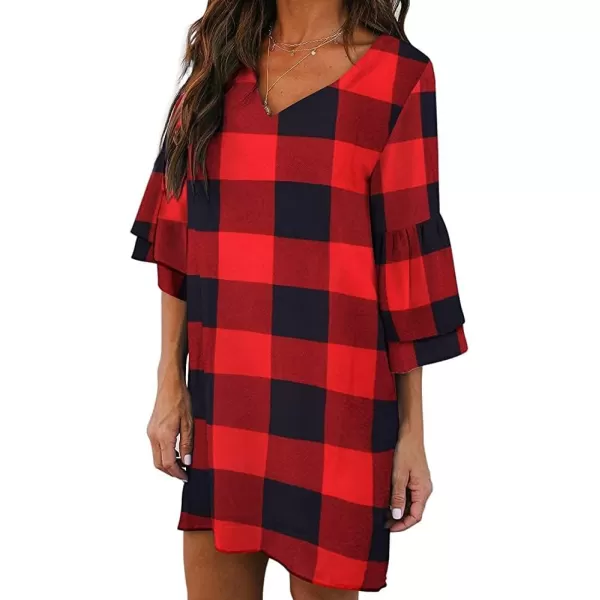 BELONGSCI Womens 2023 Summer Dress Sweet amp Cute VNeck Bell Sleeve Shift Dress Mini Dress Perfect for Wedding or GraduationRed Big Plaid