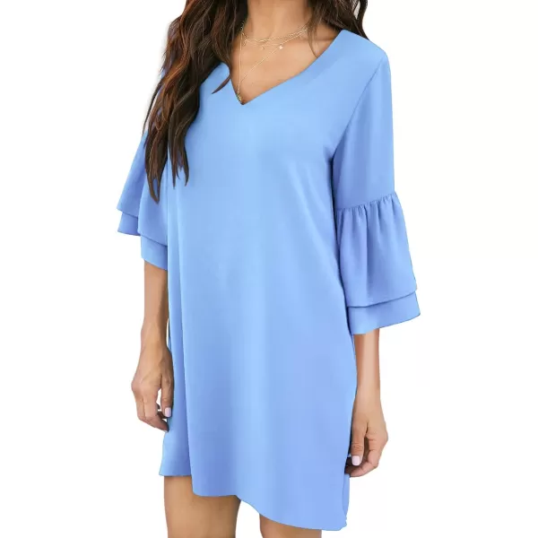 BELONGSCI Womens 2023 Summer Dress Sweet amp Cute VNeck Bell Sleeve Shift Dress Mini Dress Perfect for Wedding or GraduationSky Blue