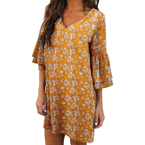 BELONGSCI Womens 2023 Summer Dress Sweet amp Cute VNeck Bell Sleeve Shift Dress Mini Dress Perfect for Wedding or GraduationSmall Yellow Flora