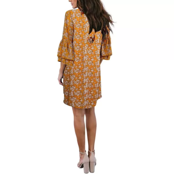 BELONGSCI Womens 2023 Summer Dress Sweet amp Cute VNeck Bell Sleeve Shift Dress Mini Dress Perfect for Wedding or GraduationSmall Yellow Flora