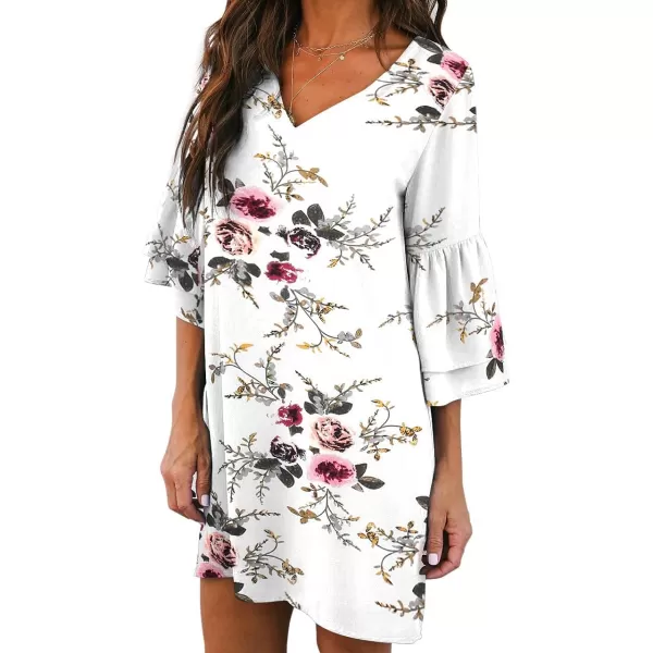 BELONGSCI Womens 2023 Summer Dress Sweet amp Cute VNeck Bell Sleeve Shift Dress Mini Dress Perfect for Wedding or GraduationWhite Floral