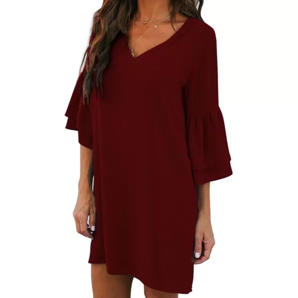 BELONGSCI Womens 2023 Summer Dress Sweet amp Cute VNeck Bell Sleeve Shift Dress Mini Dress Perfect for Wedding or GraduationWine Red