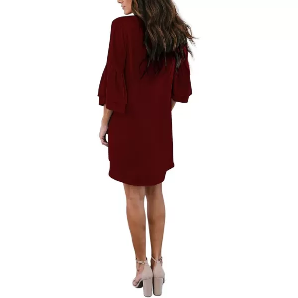 BELONGSCI Womens 2023 Summer Dress Sweet amp Cute VNeck Bell Sleeve Shift Dress Mini Dress Perfect for Wedding or GraduationWine Red