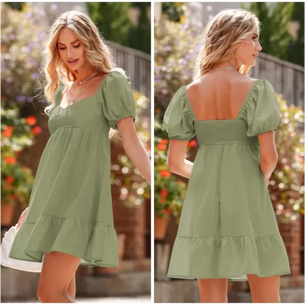 BELONGSCI Womens 2023 Summer DressSquare amp Sweetheart Neck Dress Short Puff Sleeve ALine Casual Mini DressE Army Green