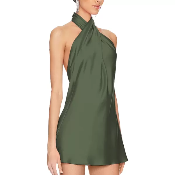 BELONGSCI Womens 2024 Summer Satin Dress Crisscross Sleeveless Halter Neck Cocktail Party Mini DressL3 Army Green