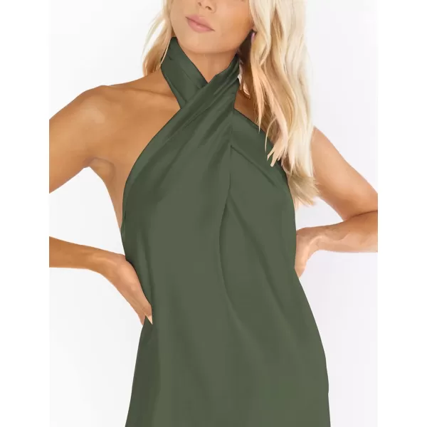 BELONGSCI Womens 2024 Summer Satin Dress Crisscross Sleeveless Halter Neck Cocktail Party Mini DressL3 Army Green