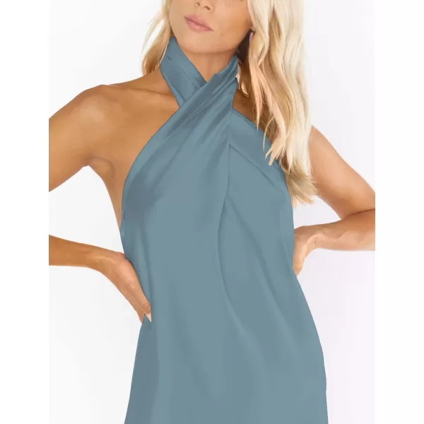 BELONGSCI Womens 2024 Summer Satin Dress Crisscross Sleeveless Halter Neck Cocktail Party Mini DressL3 Blue Green